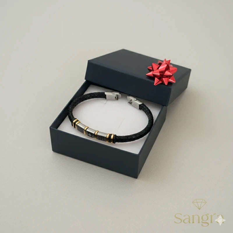 Bracciale Uomo Pelle Intrecciata e Acciaio Inossidabile Nero e Argento