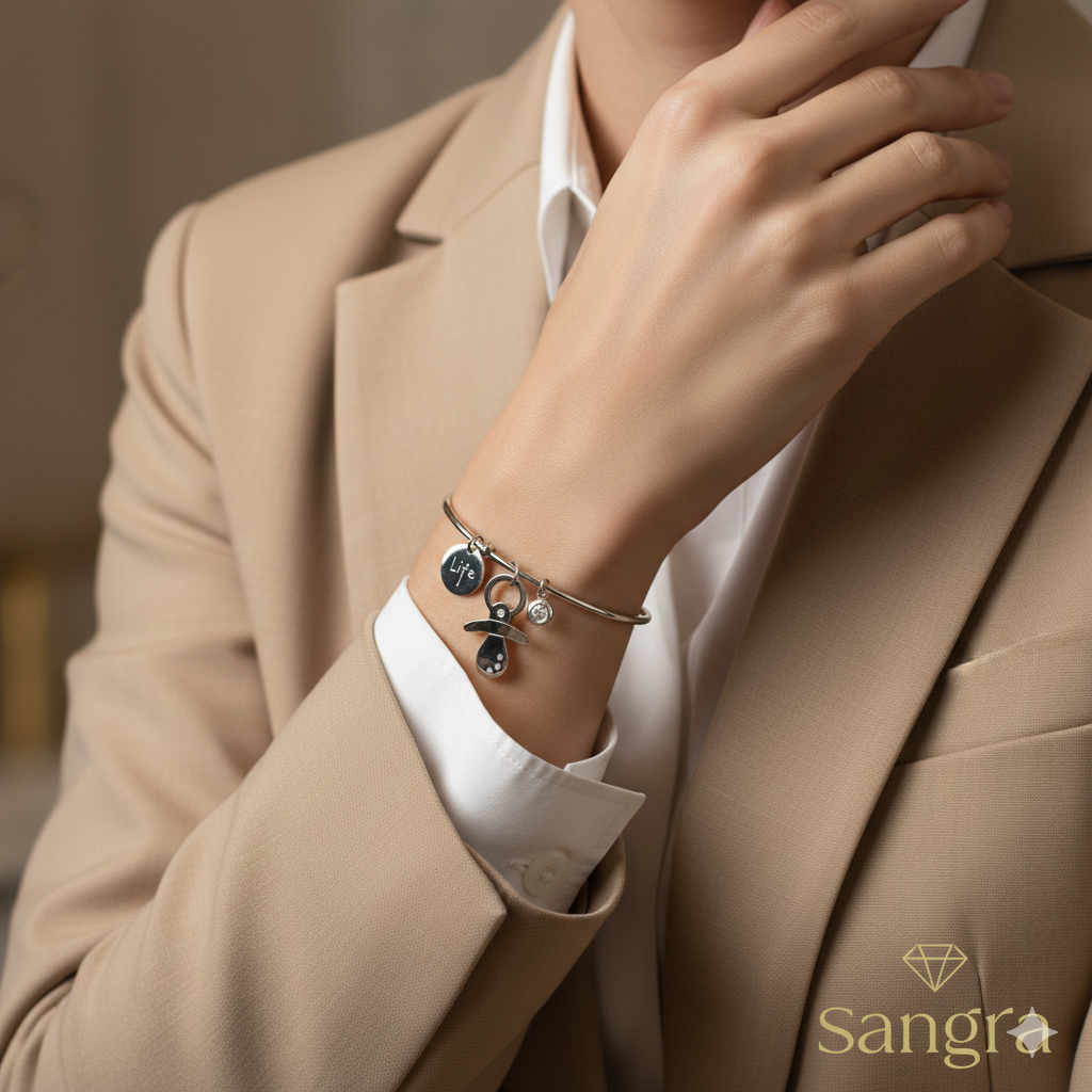 Bracciale Donna Rigido Acciaio Inossidabile con Ciondoli Ciuccio, Vita e Punto Luce