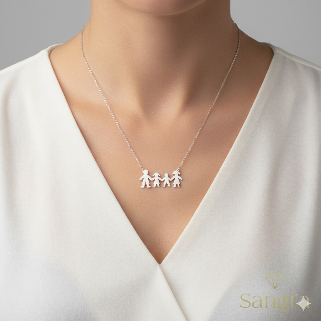 Collana Donna Famiglia in Acciaio Inossidabile - Ciondolo Silhouette Bimbi Argento