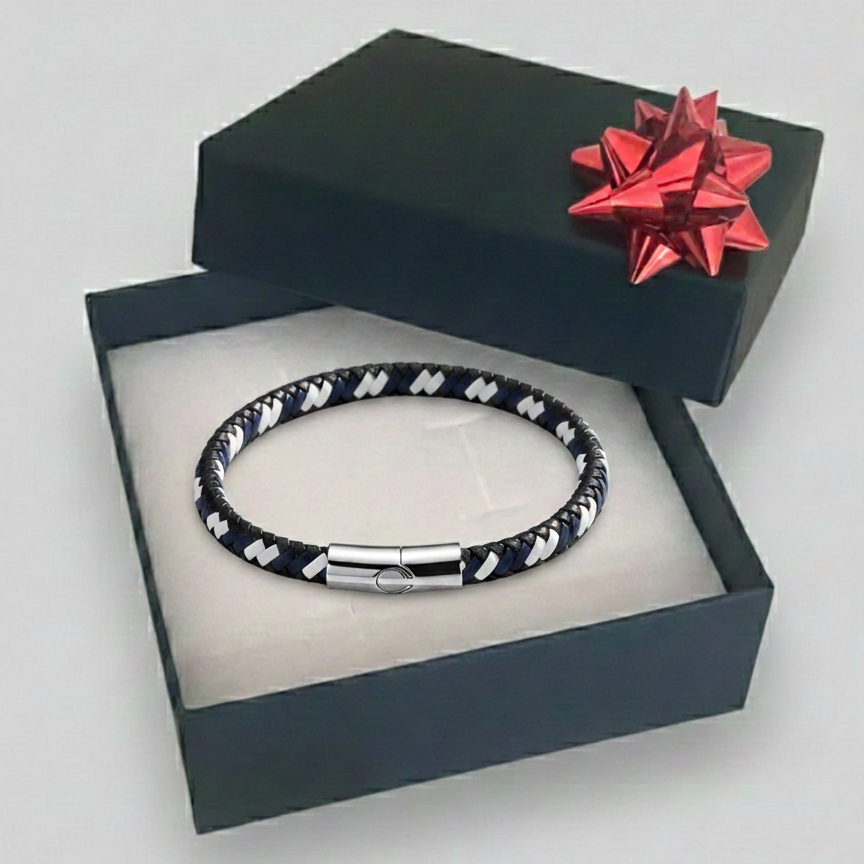 Bracciale Uomo Pelle Intrecciata Blu - Acciaio Inossidabile 20 cm