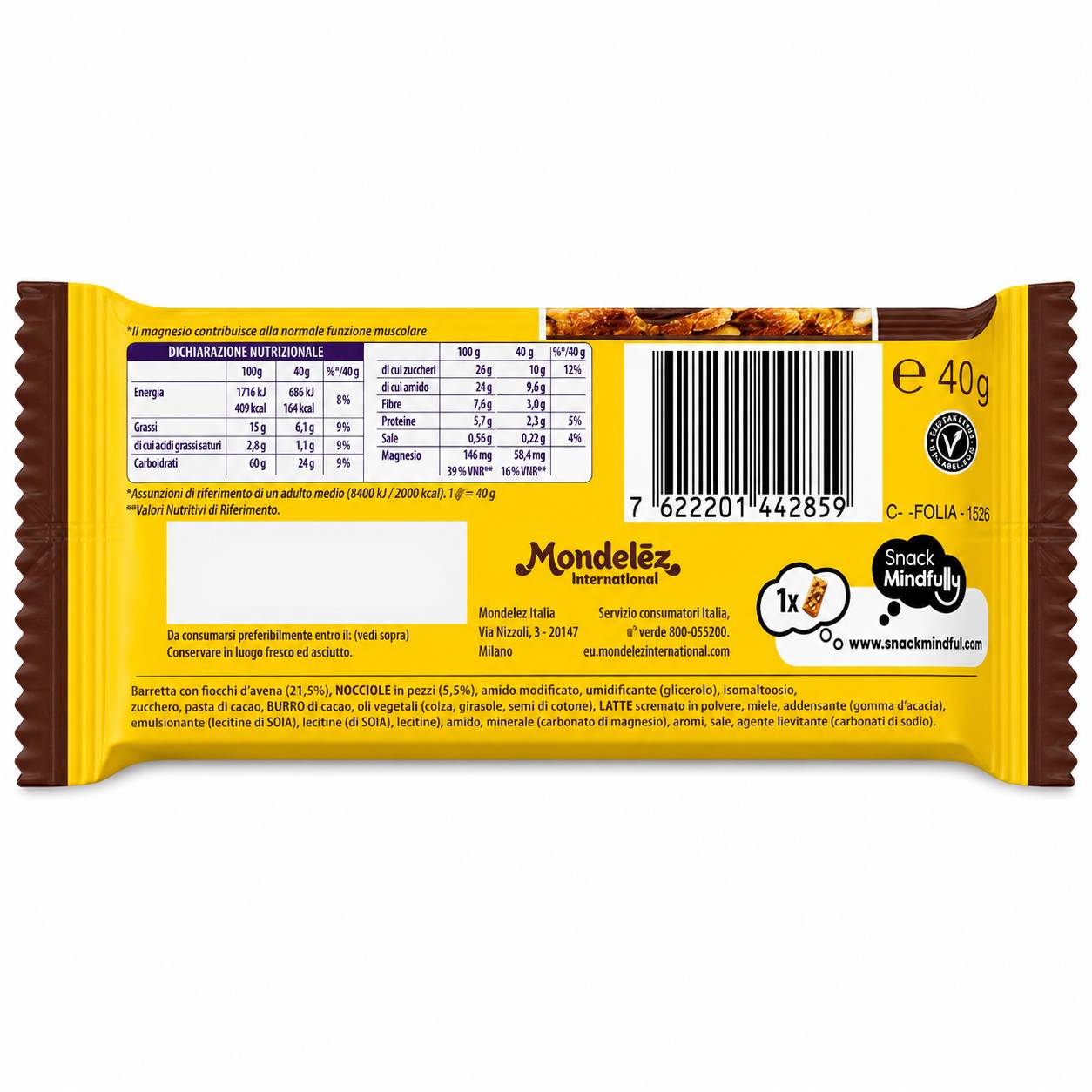 Oro Barretta ai Cereali Integrali con Cioccolato Fondente e Nocciole – Confezione da 24 Pezzi