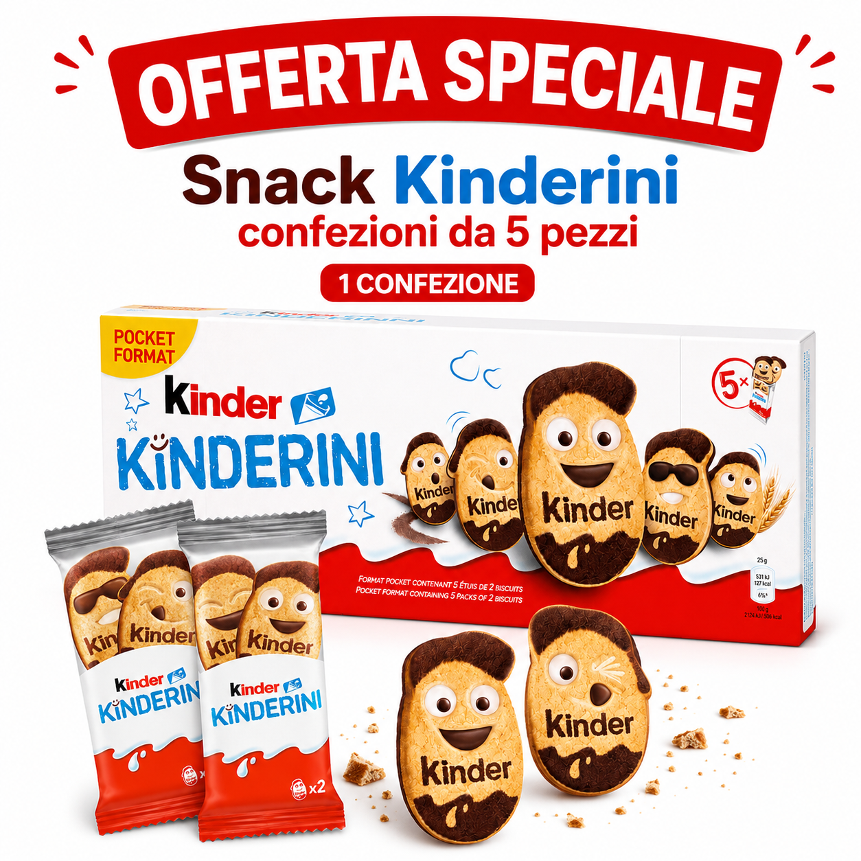 Kinder Kinderini Biscotti al Latte e Cacao – 5 Confezioni, 10 Biscotti, 125 g