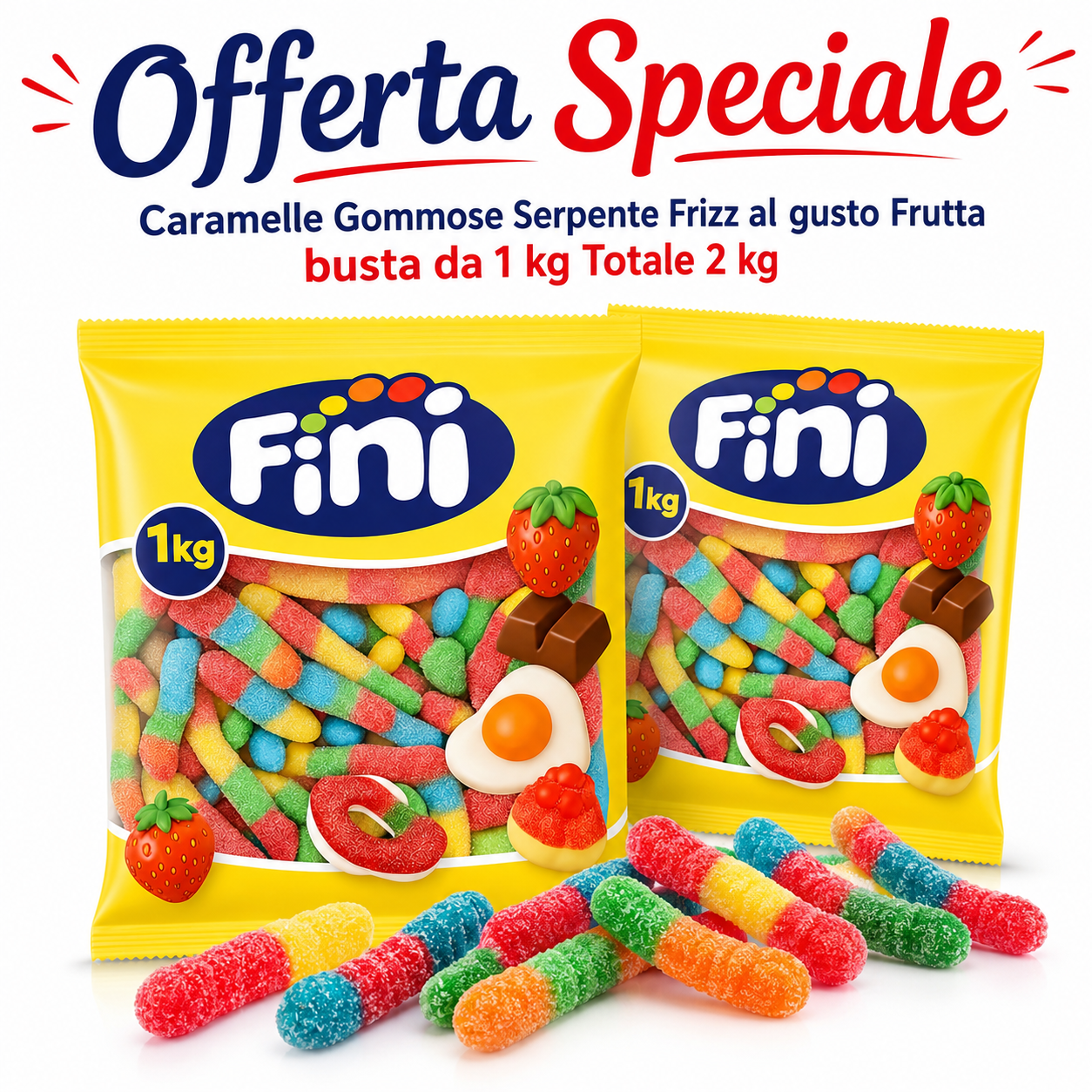 Fini Serpenti Frizz Caramelle Gommose Zuccherate alla Frutta – 2 Buste da 1 kg, Totale 2 kg