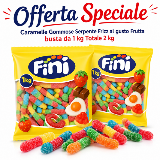 Fini Serpenti Frizz Caramelle Gommose Zuccherate alla Frutta – 2 Buste da 1 kg, Totale 2 kg
