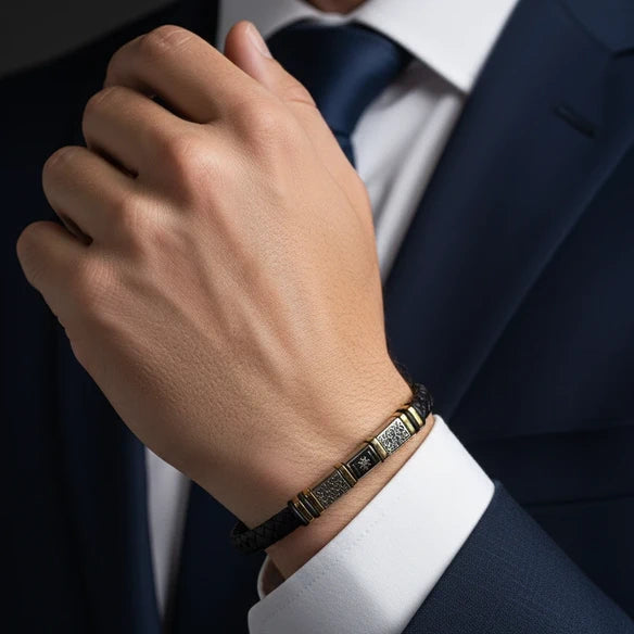 Bracciale Uomo Pelle Intrecciata e Acciaio Inossidabile Nero e Argento