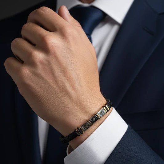 Bracciale Uomo Pelle Intrecciata e Acciaio Inossidabile Nero e Argento
