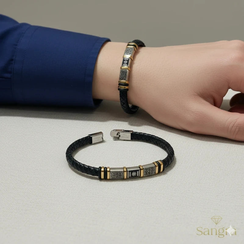 Bracciale Uomo Pelle Intrecciata e Acciaio Inossidabile Nero e Argento