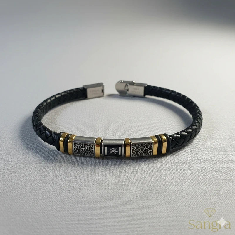 Bracciale Uomo Pelle Intrecciata e Acciaio Inossidabile Nero e Argento