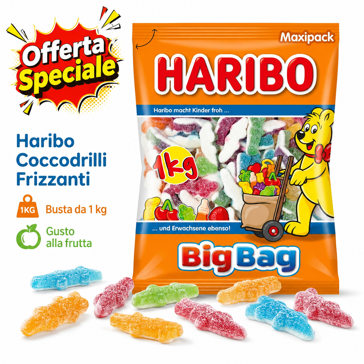 Haribo Coccodrilli Frizzi – Caramelle Gommose Zuccherate Gusto Frutta – Busta da 1 kg