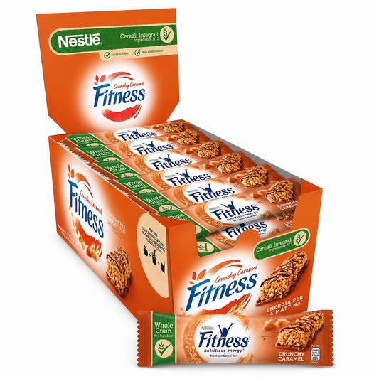 Nestlé Fitness Crunchy Caramel – Barrette ai Cereali Integrali con Cioccolato e Caramello, Confezione da 24 Pezzi