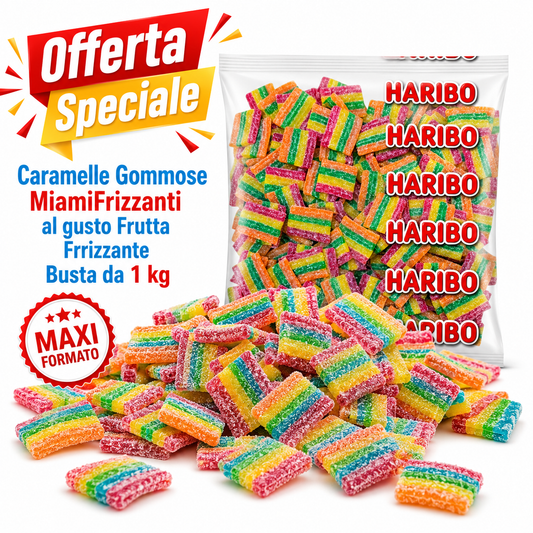 Haribo Miami Frizzi Caramelle Gommose Frizzanti Gusto Frutta – Busta da 1 kg