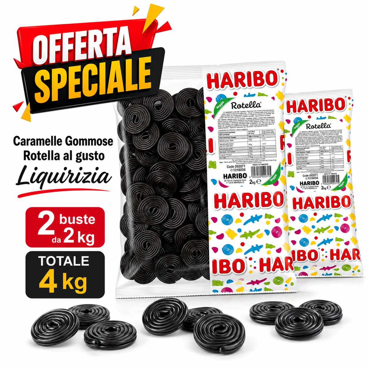 Haribo Rotella Liquirizia – 2 Buste da 2 kg, Totale 4 kg