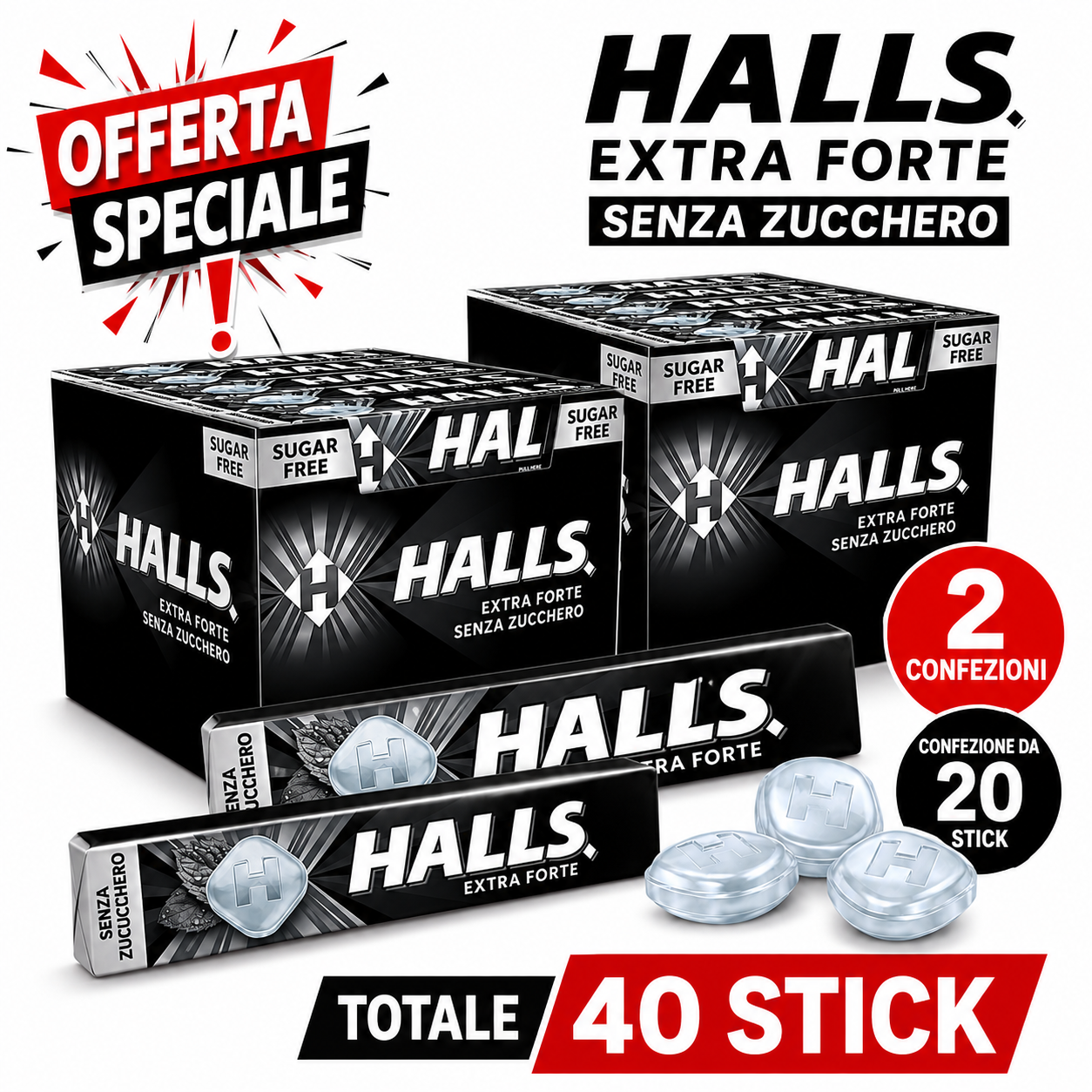 Halls Extra Forte Senza Zucchero – 2 Confezioni da 20 Stick, Totale 40 Stick