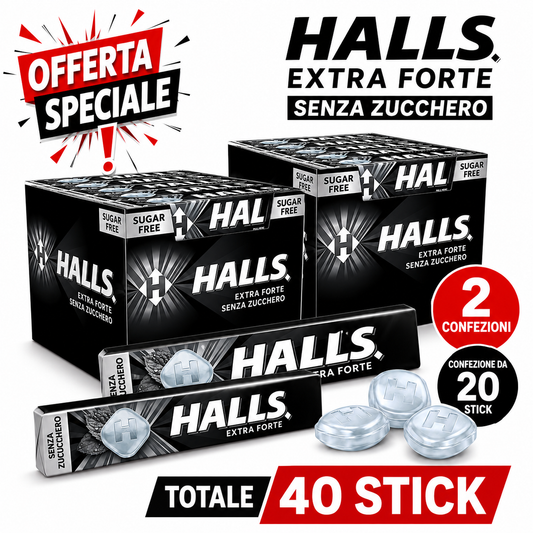 Halls Extra Forte Senza Zucchero – 2 Confezioni da 20 Stick, Totale 40 Stick