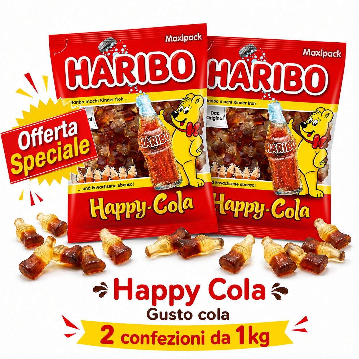 Haribo Happy Cola Caramelle Gommose al Gusto Cola – 2 Buste da 1 kg, Totale 2 kg