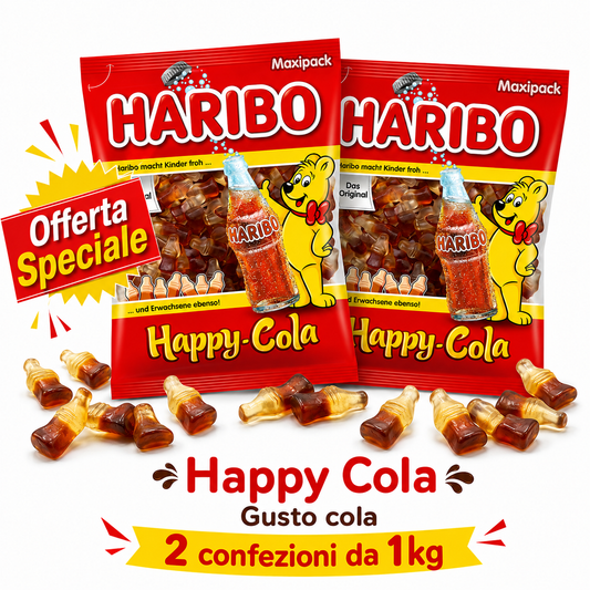Haribo Happy Cola Caramelle Gommose al Gusto Cola – 2 Buste da 1 kg, Totale 2 kg
