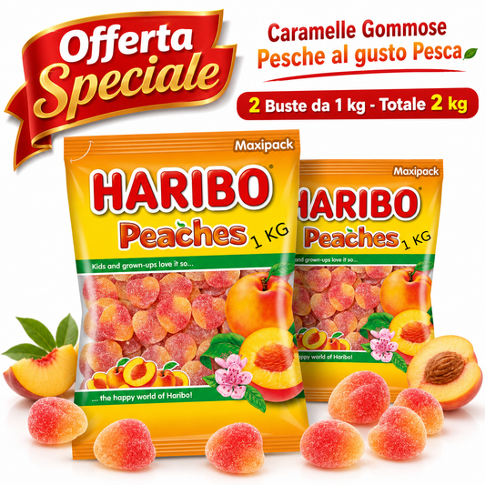 Haribo Peaches Caramelle Gommose alla Pesca – 2 Buste da 1 kg, Totale 2 kg