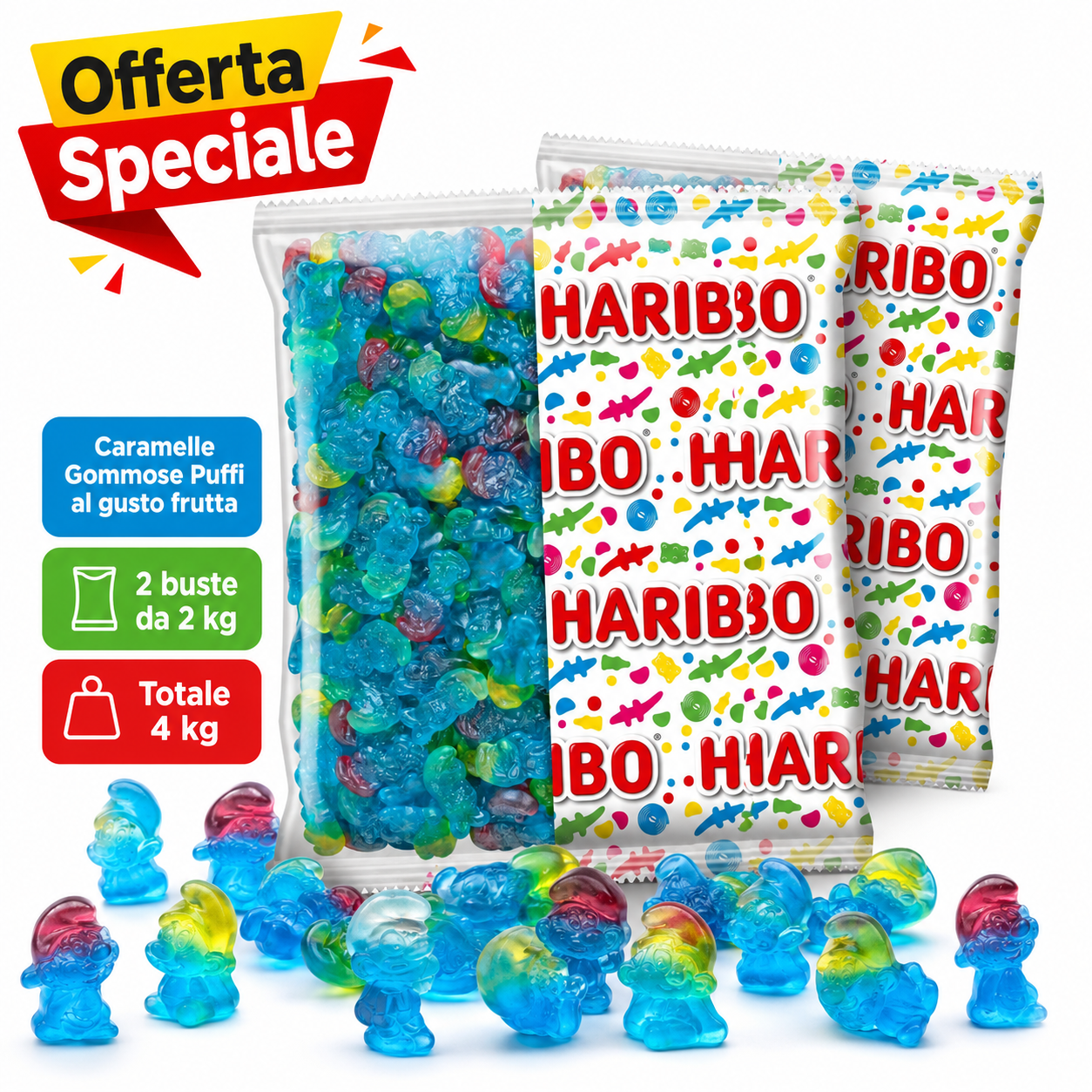 Haribo Puffi Caramelle Gommose alla Frutta – 2 Buste da 2 kg, Totale 4 kg