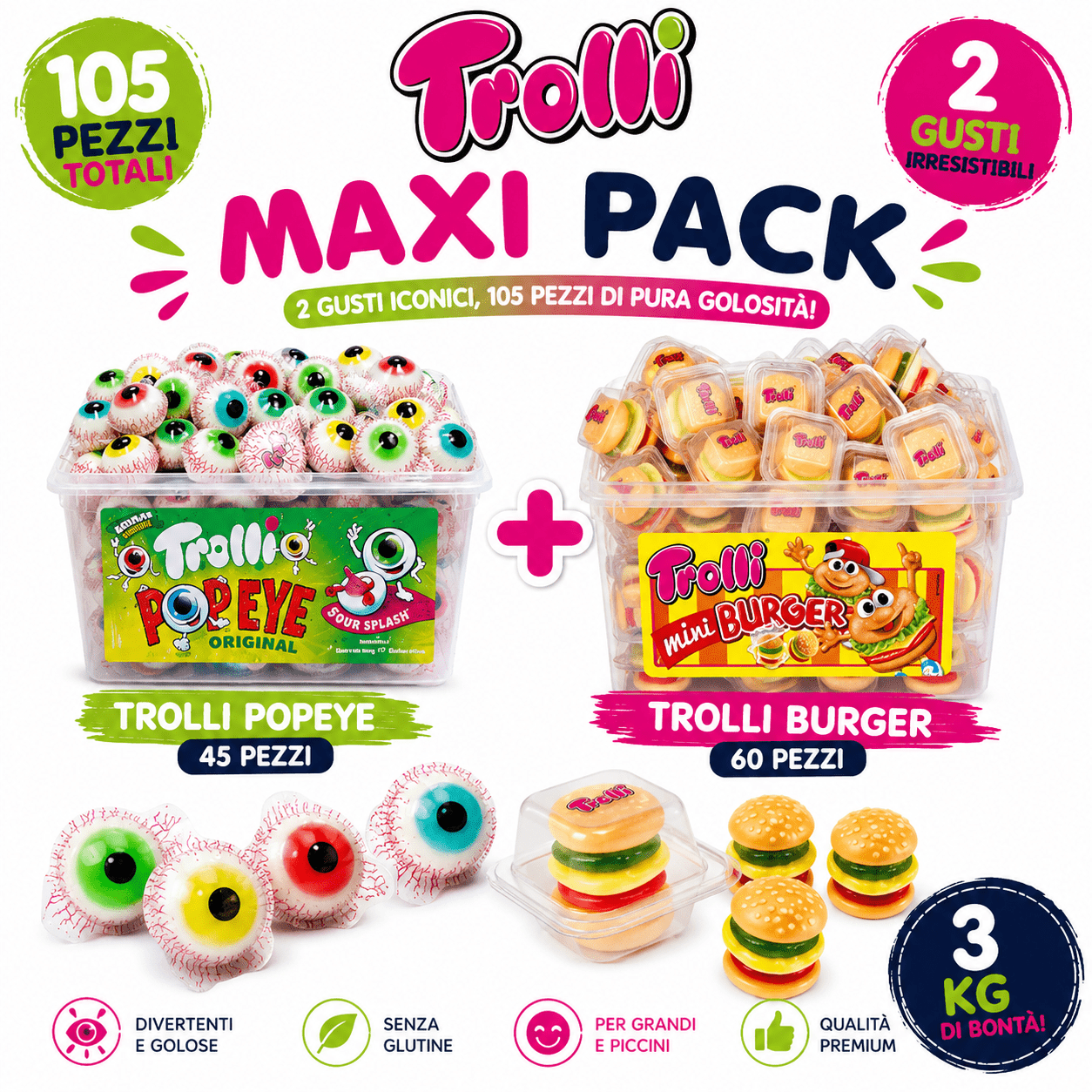 Trolli Maxi Pack – Pop Eye 45 Pezzi + Mini Burger 60 Pezzi, Totale 105 Pezzi