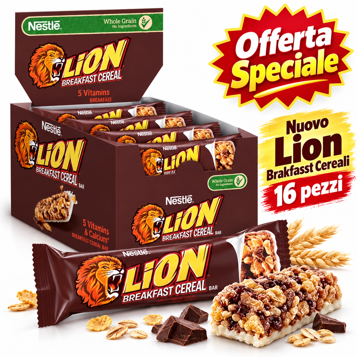 Nestlé Lion Breakfast Cereal Bar – 16 Barrette da 25 g, Cereali e Cioccolato