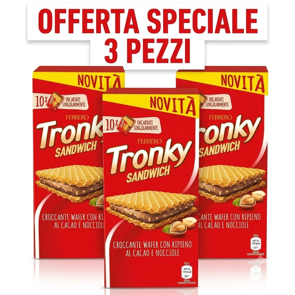 Ferrero Tronky Sandwich Wafer al Cacao e Nocciole – 3 Confezion da10 pezzii, Totale 30 Pezzi