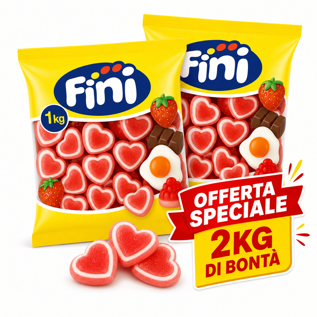 Fini Cuori alla Fragola Caramelle Gommose Zuccherate – 2 Buste da 1 kg, Totale 2 kg