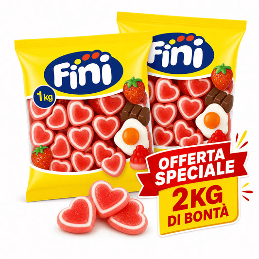 Fini Cuori alla Fragola Caramelle Gommose Zuccherate – 2 Buste da 1 kg, Totale 2 kg