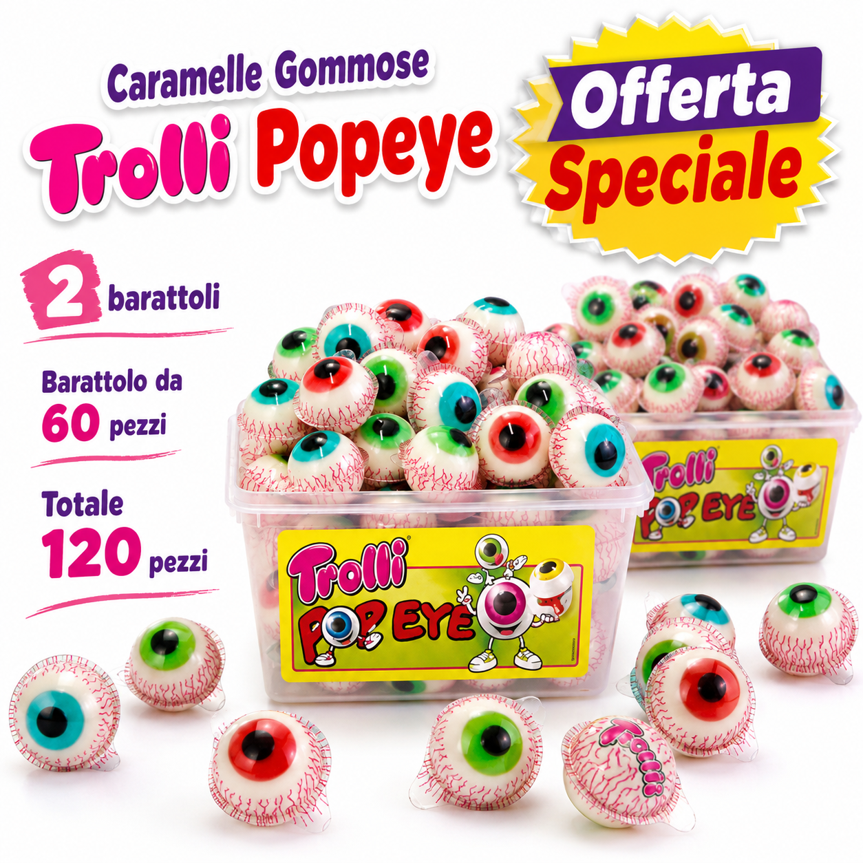 Trolli Pop Eye Caramelle Gommose a Forma di Occhio – 2 Barattoli da 60 Pezzi, Totale 120 Pezzi