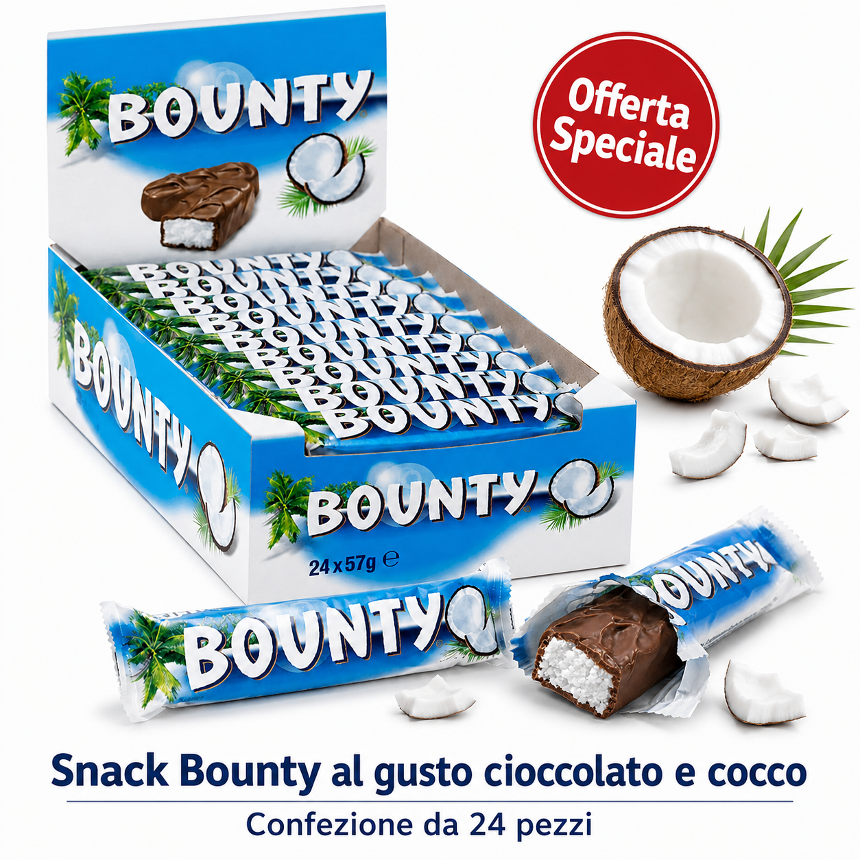 Bounty 24 Pezzi – Snack al Cioccolato al Latte e Cocco – Box da 24 Barrette