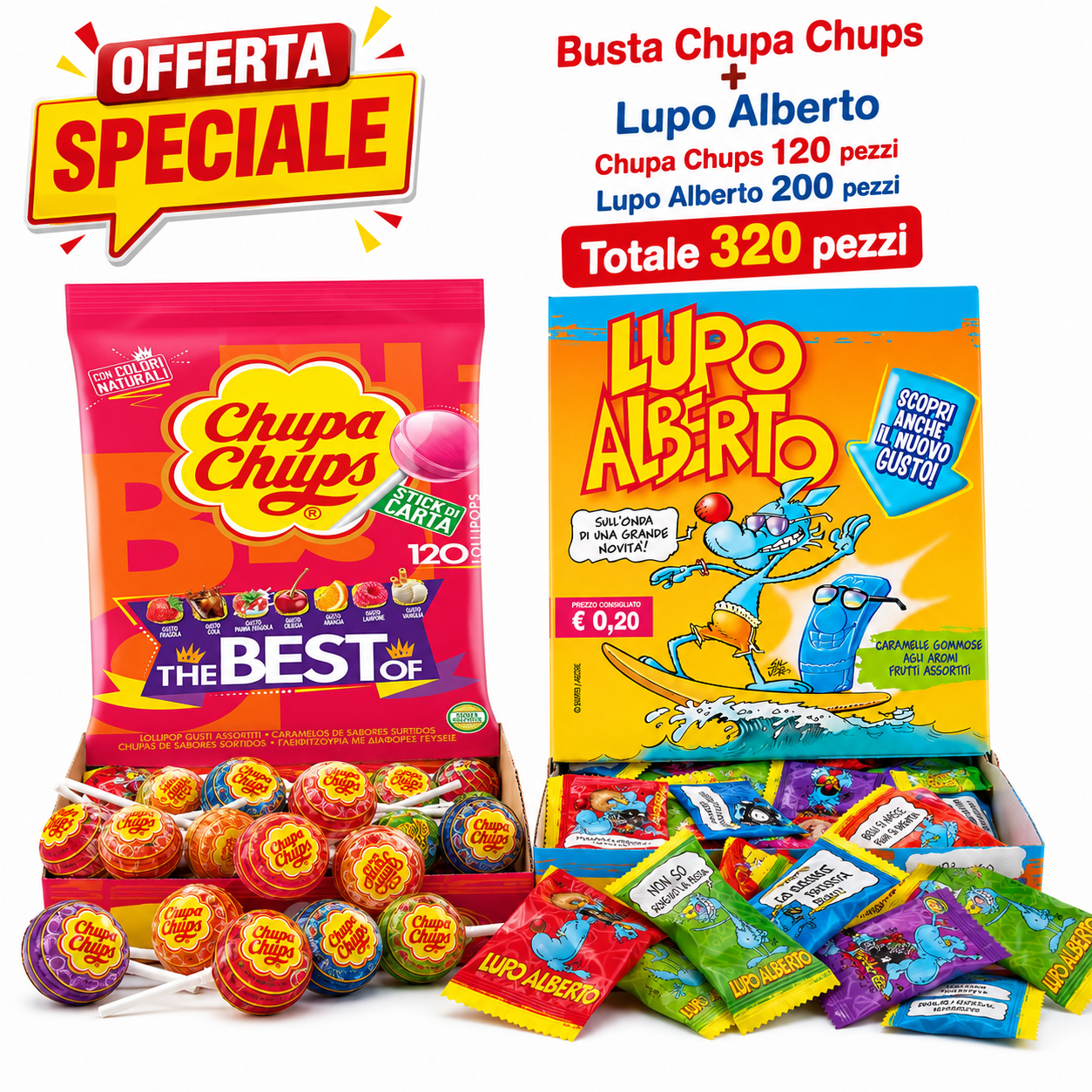 Perfetti Chupa Chups + Lupo Alberto – 120 Lecca Lecca + 200 Caramelle Gommose, Totale 320 Pezzi