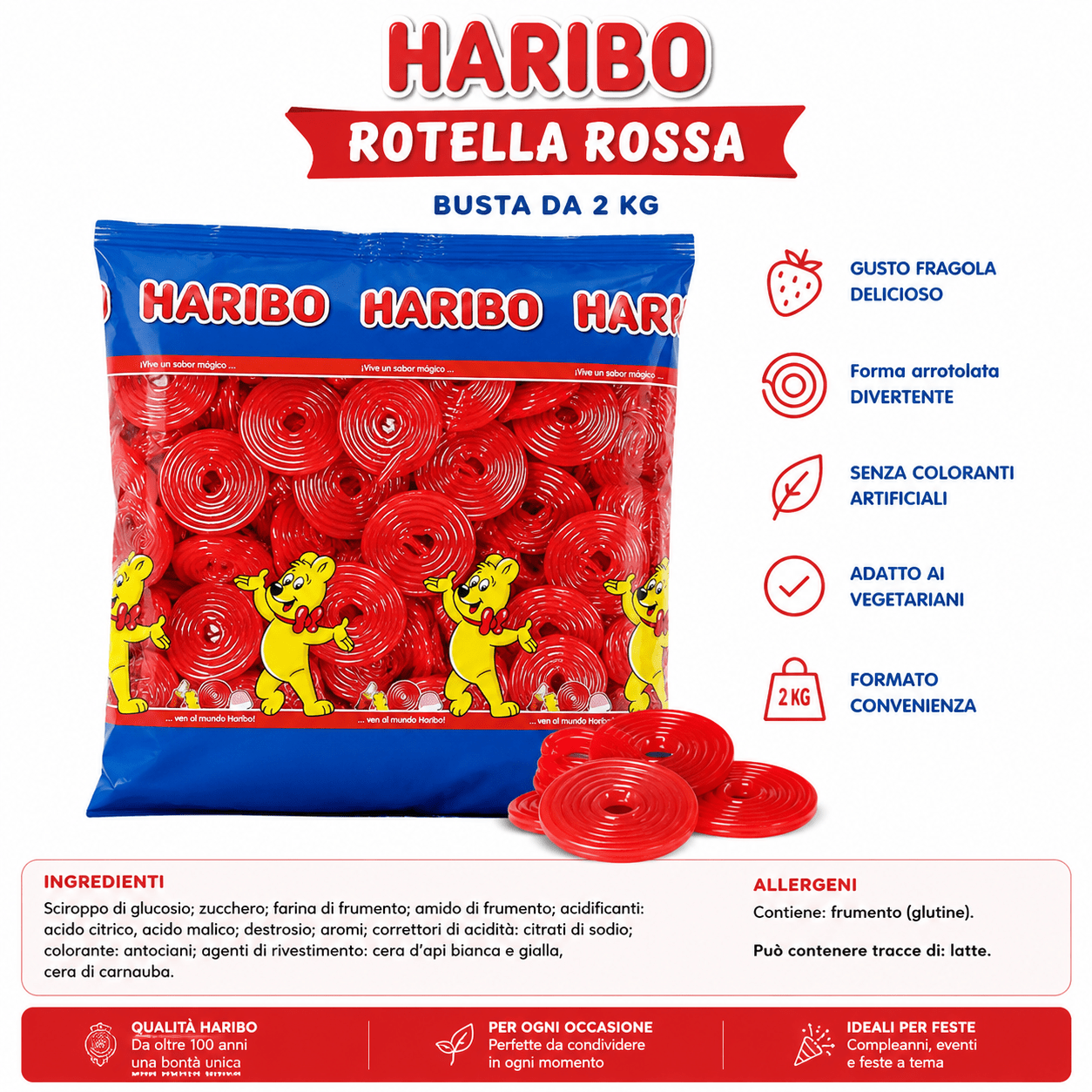 Haribo Rotelle Rosse Veggie Caramelle Gommose alla Frutta – 2 Buste da 2 kg, Totale 4 kg