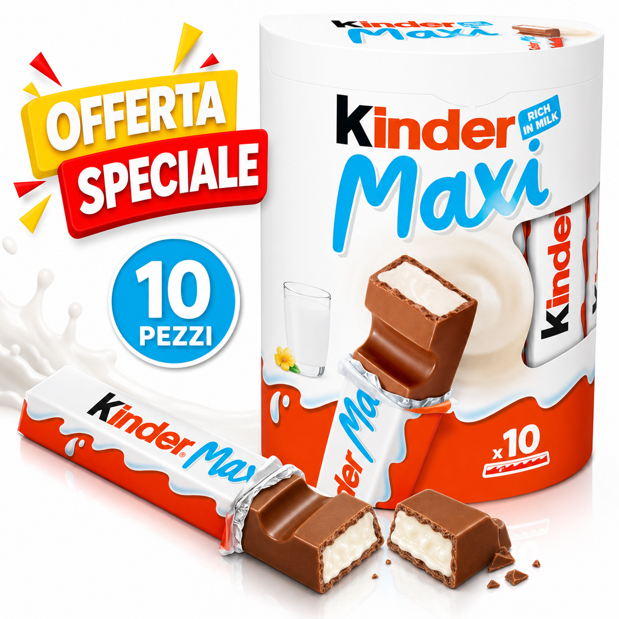 Kinder Maxi Cioccolato al Latte con Ripieno al Latte – 3 Confezioni da 10 pezzi,Totale 30 Pezzi