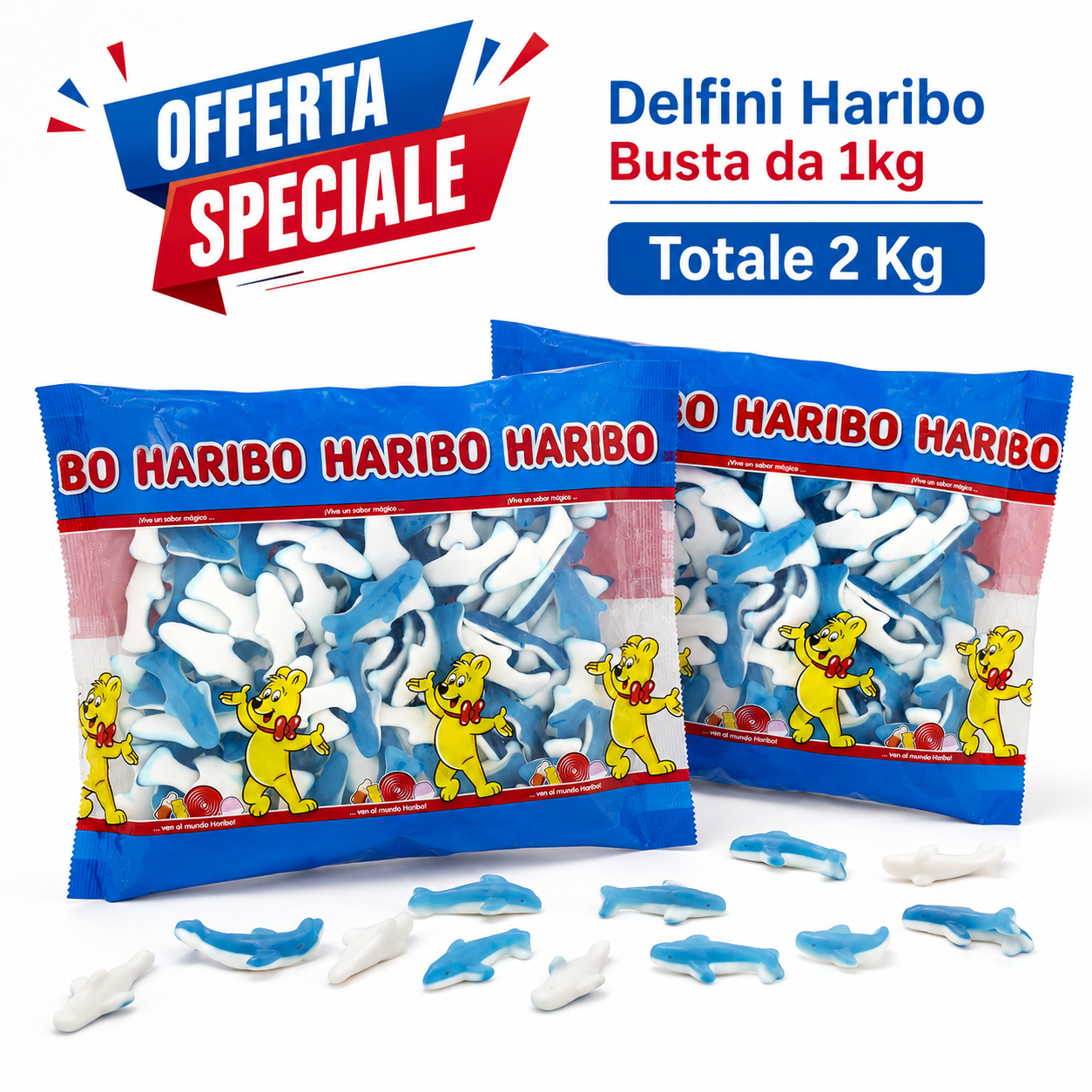 Haribo Delfini Caramelle Gommose alla Frutta – 2 Buste da 1 kg, Totale 2 kg