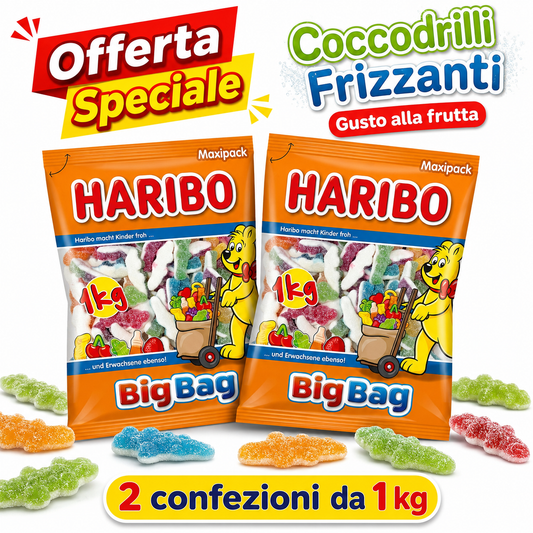 Haribo Coccodrilli Frizzanti Caramelle Gommose alla Frutta – 2 Buste da 1 kg, Totale 2 kg