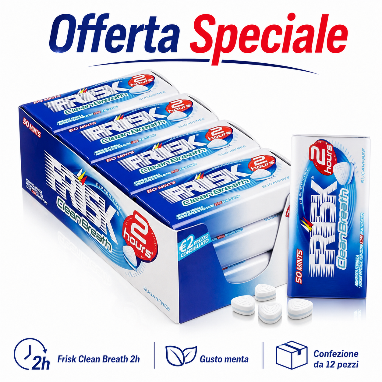 Frisk Clean Breath 2h Gusto Menta – Box da 12 Confezioni da 50 Pastiglie