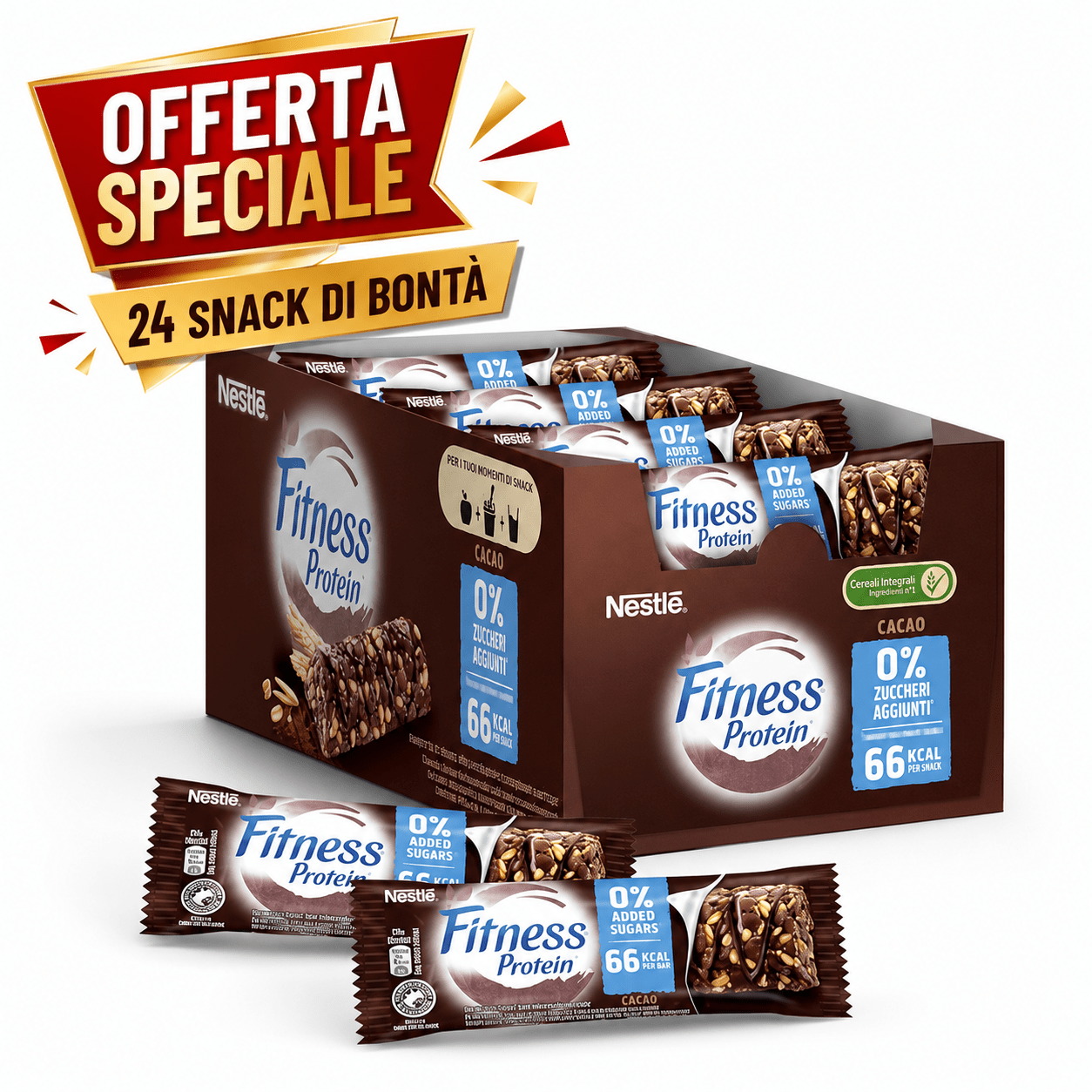 Nestlé Fitness Protein Cocoa – Barrette ai Cereali Integrali al Cacao Senza Zuccheri Aggiunti – Confezione da 24 Pezzi