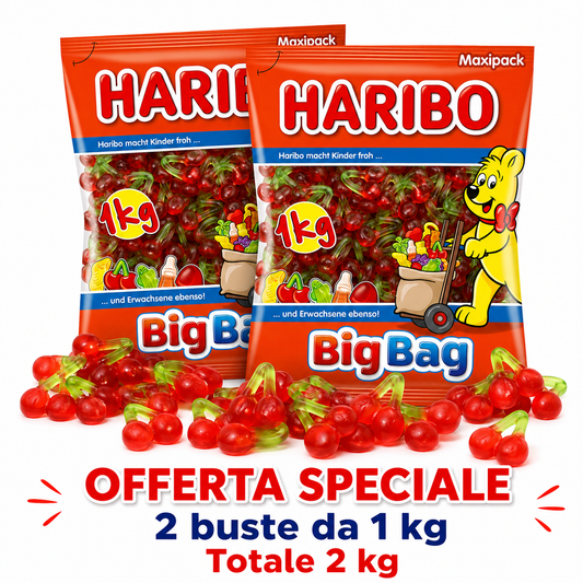Haribo Ciliegie Caramelle Gommose alla Frutta – 2 Buste da 1 kg, Totale 2 kg