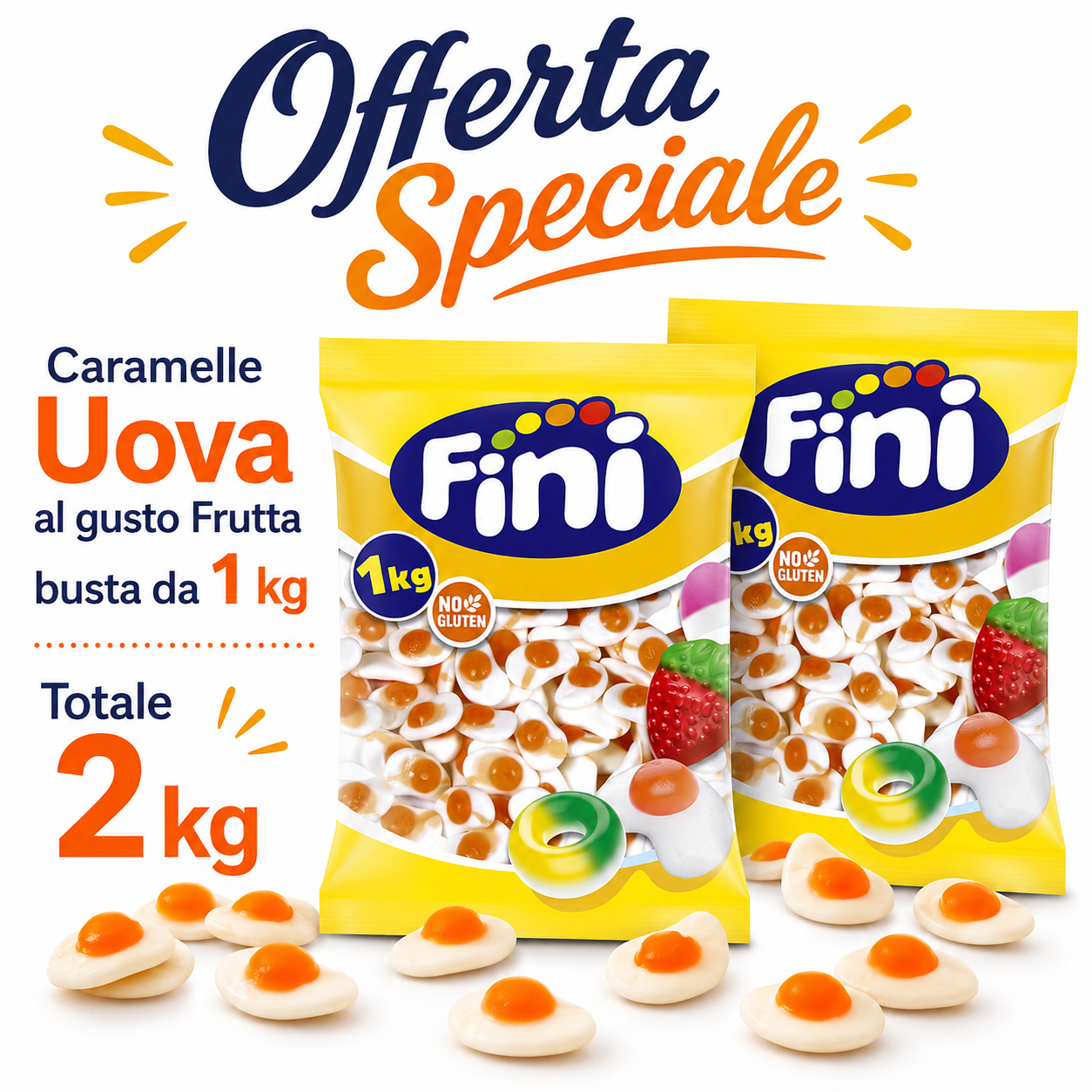 Fini Caramelle Gommose Uova al Gusto Frutta – 2 Buste da 1 kg, Totale 2 kg
