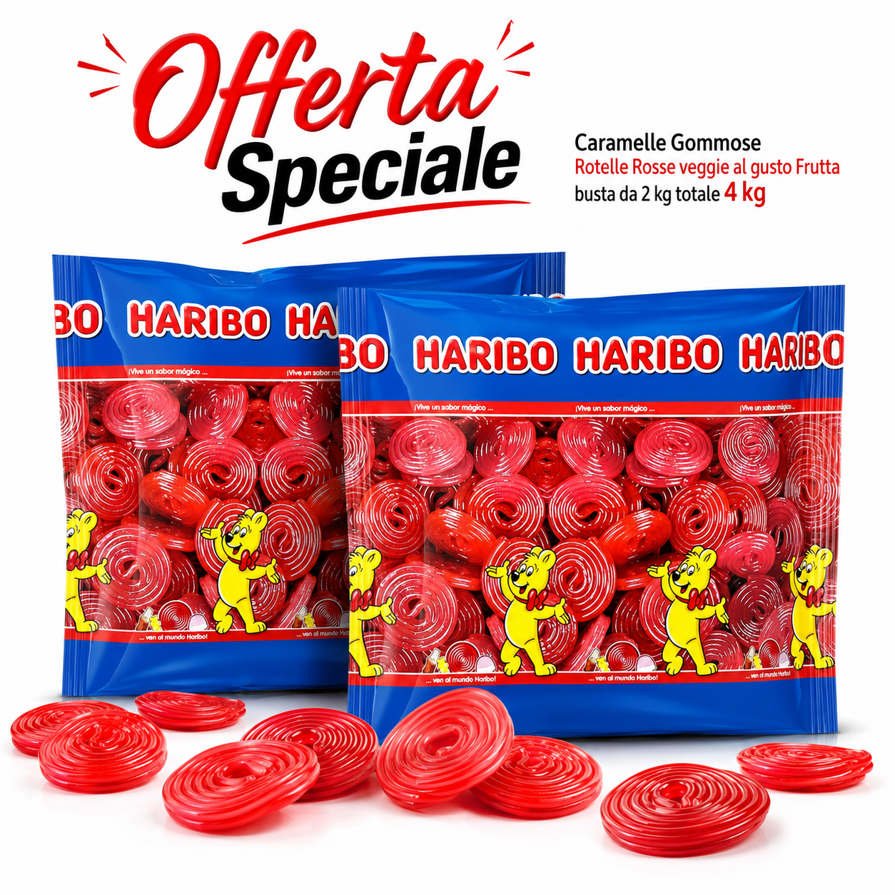 Haribo Rotelle Rosse Veggie Caramelle Gommose alla Frutta – 2 Buste da 2 kg, Totale 4 kg