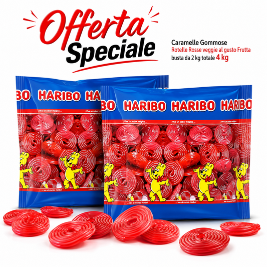 Haribo Rotelle Rosse Veggie Caramelle Gommose alla Frutta – 2 Buste da 2 kg, Totale 4 kg