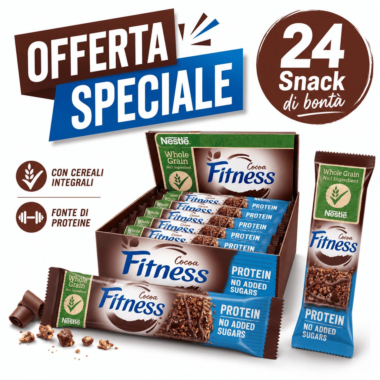 Nestlé Fitness Protein Cocoa – Barrette ai Cereali Integrali al Cacao Senza Zuccheri Aggiunti – Confezione da 24 Pezzi