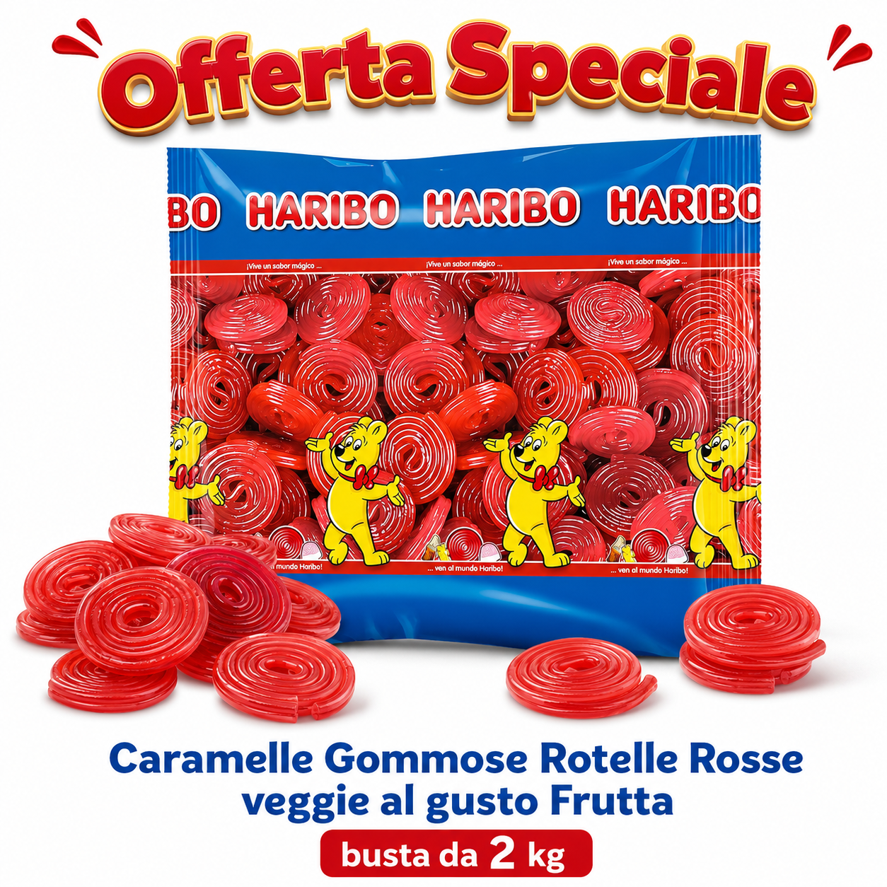 Haribo Rotelle Rosse Veggie Caramelle Gommose alla Frutta – 2 Buste da 2 kg, Totale 4 kg