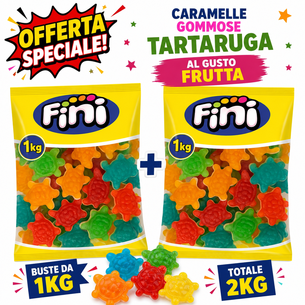 Fini Tartarughe Caramelle Gommose alla Frutta – 2 Buste da 1 kg, Totale 2 kg