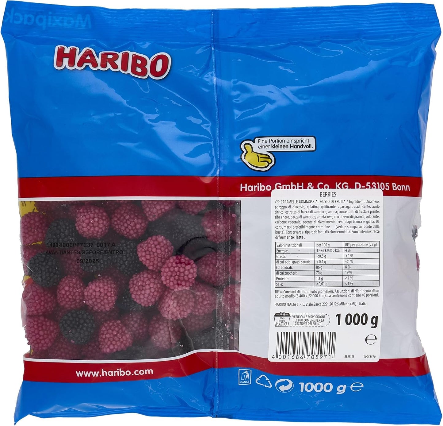 Haribo Berries Caramelle Gommose More e Lamponi – 2 Buste da 1 kg, Totale 2 kg