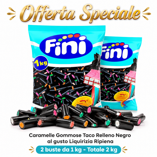 Fini Taco Negro Caramelle Gommose Ripiene alla Liquirizia – 2 Buste da 1 kg, Totale 2 kg