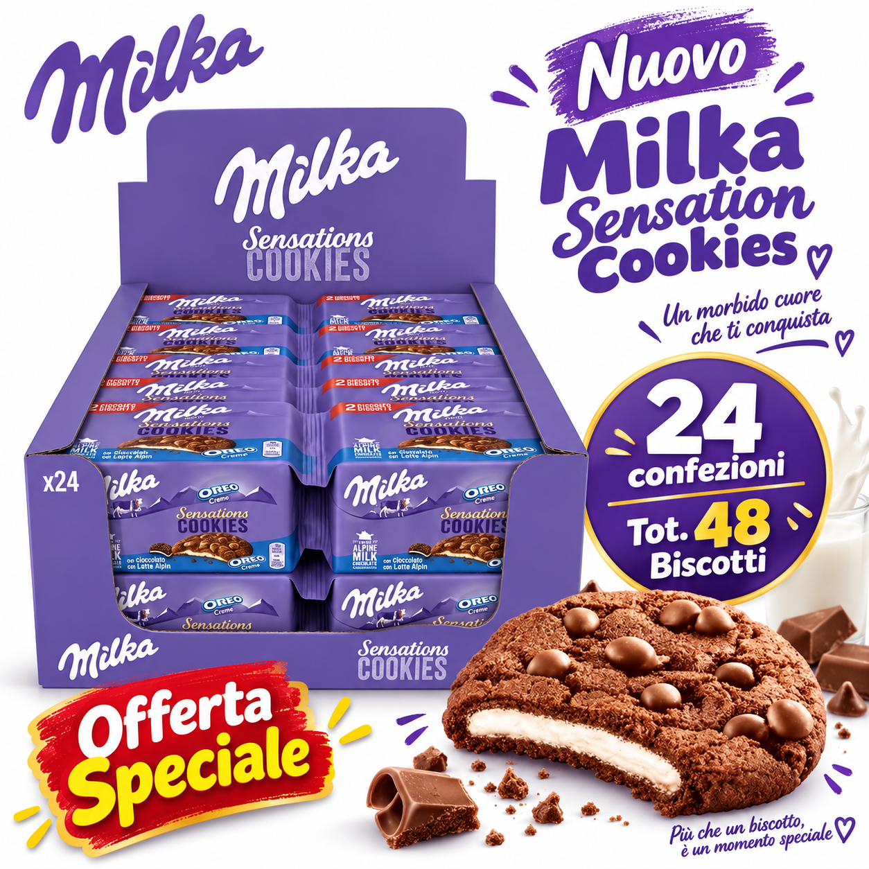 Milka Sensations Cookies Oreo – 24 Confezioni da 52 g, 48 Biscotti Ripieni al Cioccolato
