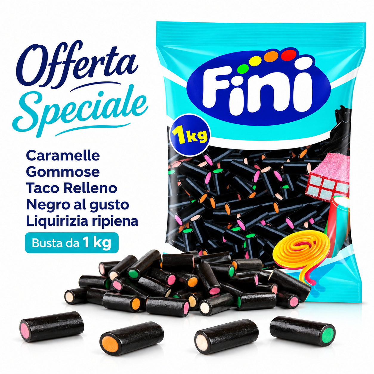 Fini Taco Relleno Negro Liquirizia Ripiena alla Frutta – Busta da 1 kg