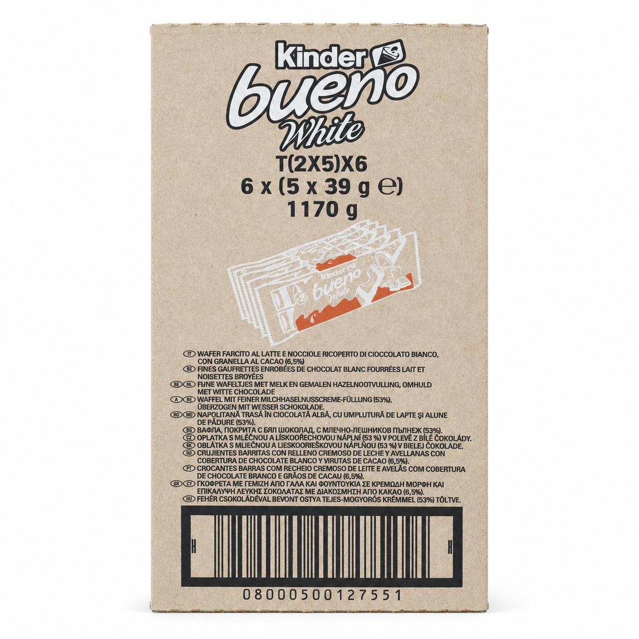 Kinder Bueno White – Box 30 Confezioni da 39 g, Wafer con Crema alle Nocciole