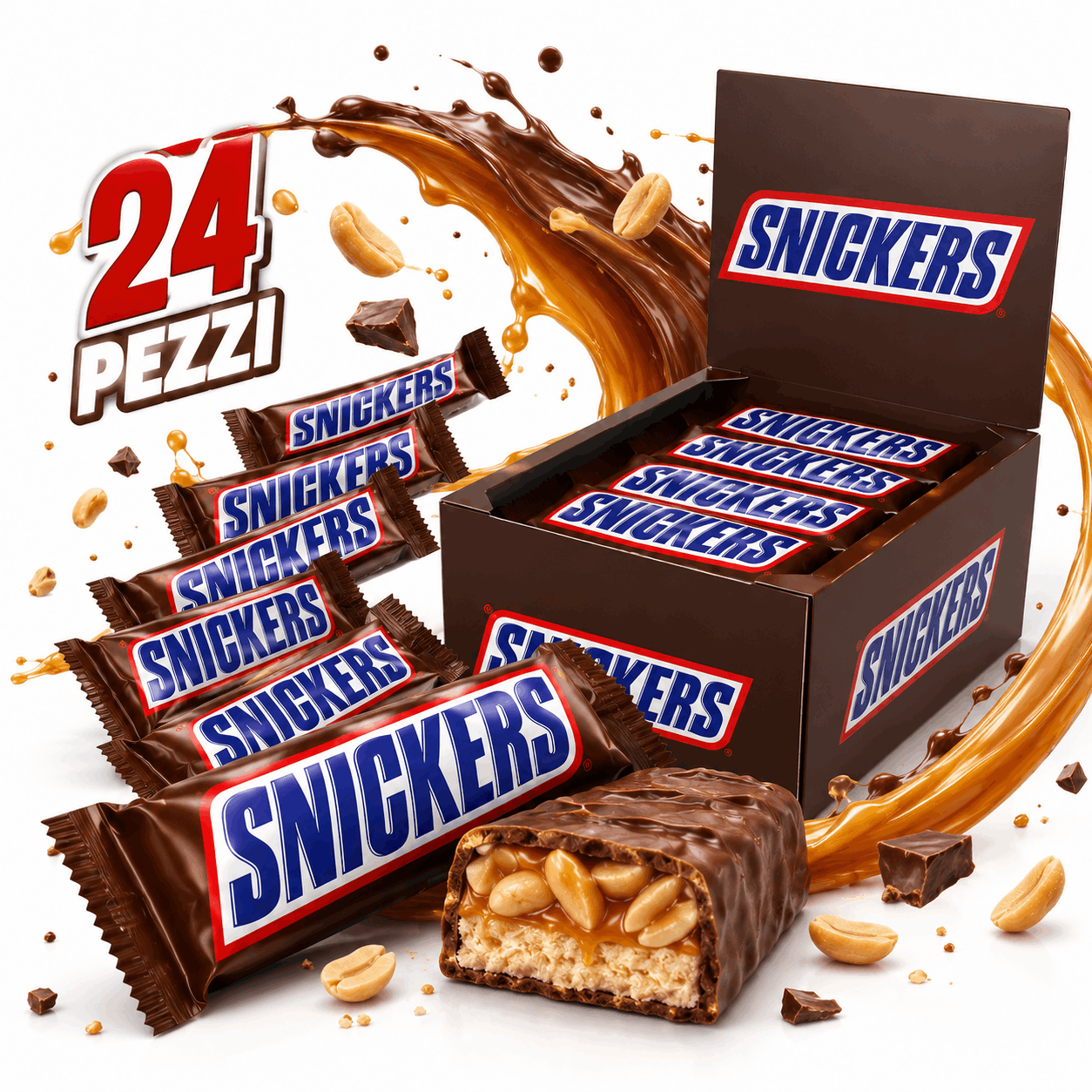 Snickers 24 Pezzi da 50 g – Barrette al Cioccolato con Arachidi e Caramello
