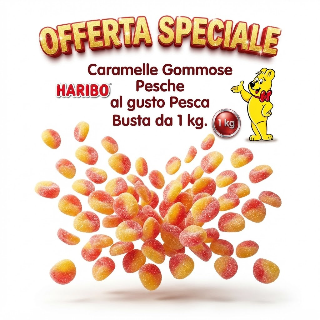 Haribo Peaches Caramelle Gommose alla Pesca – 2 Buste da 1 kg, Totale 2 kg
